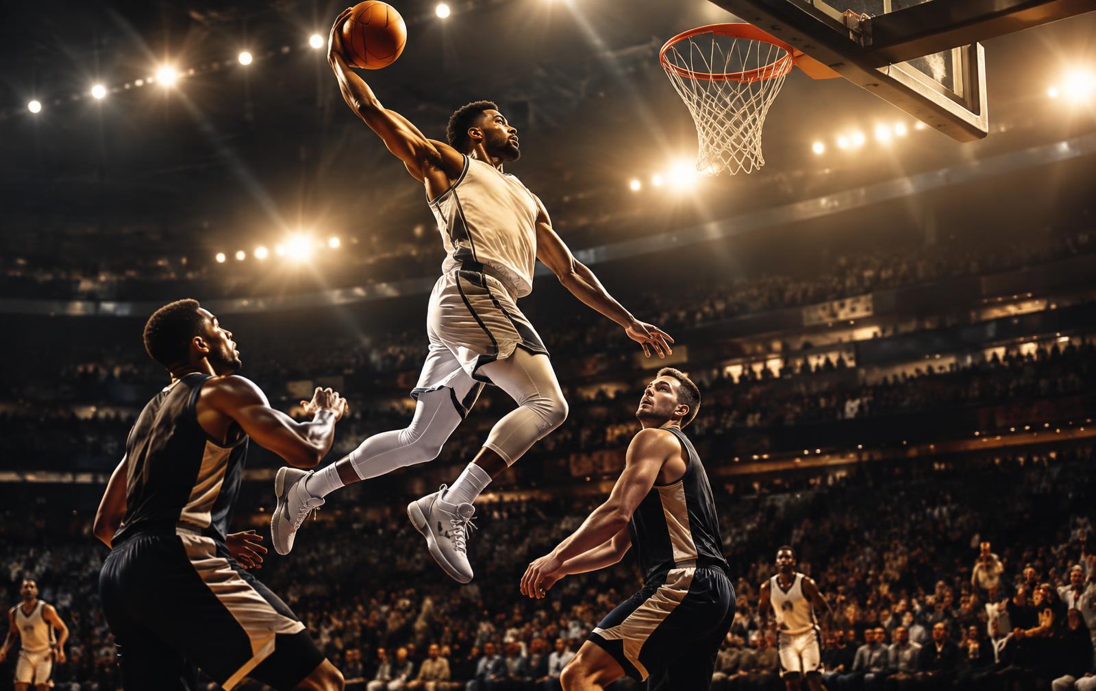 Basketball player soaring for a dunk during an NBA game