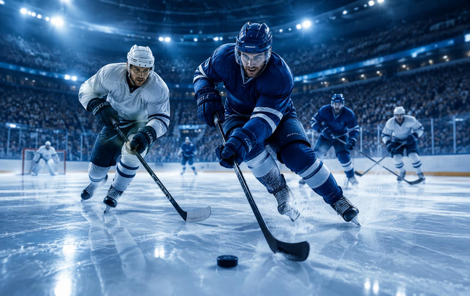 Hockey players battling for the puck during an NHL game