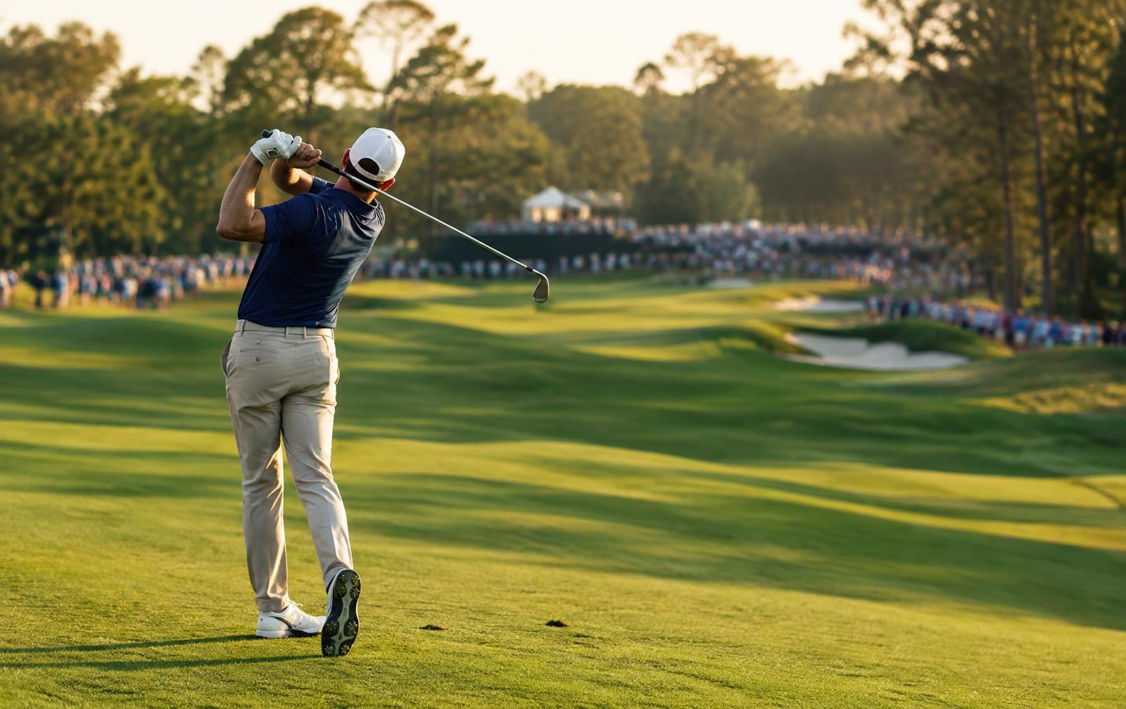 Golfer completing a swing at a PGA Tour event